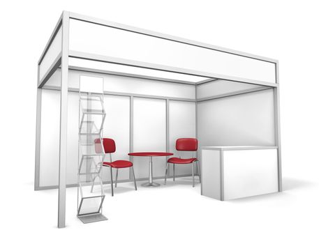 Empty trade event stand with chairs, table and brochure display. 3D rendered illustration