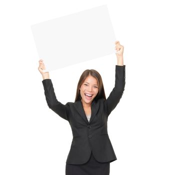 Portrait of beautiful businesswoman holding blank billboard over her head. Isolated on white backgound