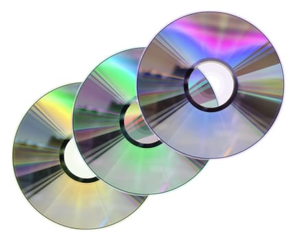 Three colored CD / DVD disks isolated on white. No scratches or dust.