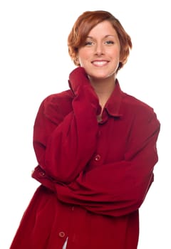 Pretty Red Haired Girl Wearing a Warm Red Corduroy Shirt Isolated on a White Background.