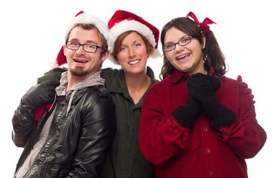 Three Friends Wearing Warm Holiday Attire Isolated on a White Background.