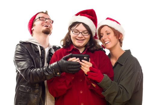 Three Friends Enjoying A Cell Phone Together Isolated on a White Background.