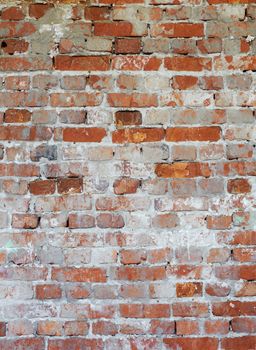 Vertical background - dilapidated red brick wall with patches of mold