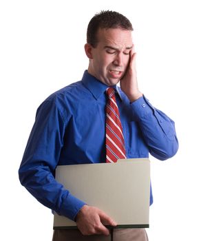 A businessman holding a folder and suffering from a lot of stress, isolated against a white background