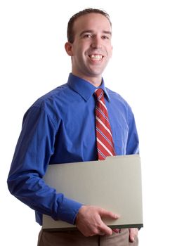 A happy working business man holding a folder and smiling, isolated against a white background