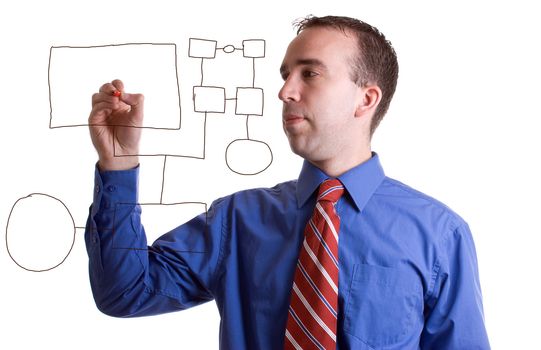 A young businessman using a marker to make an organization chart on some clear glass