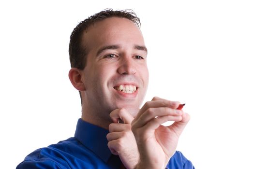 Closeup view of a smiling man writing your text with a marker, isolated against a white background