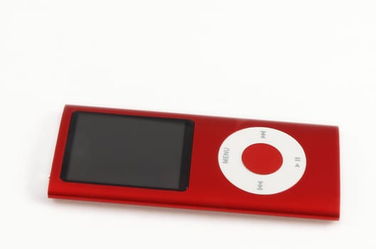 Red music player gadget, towards white background