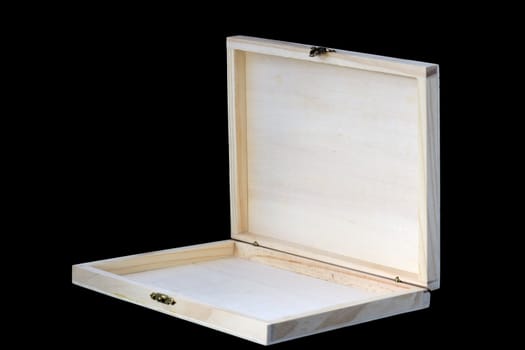 Empty thin wooden box on a black background.