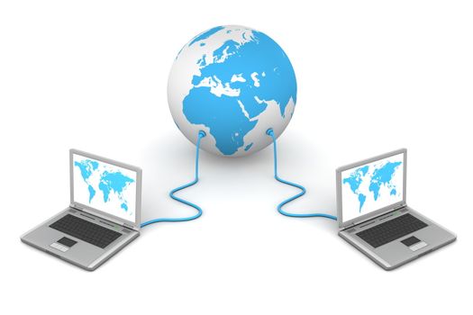 two laptops connected to a blue 3D globe