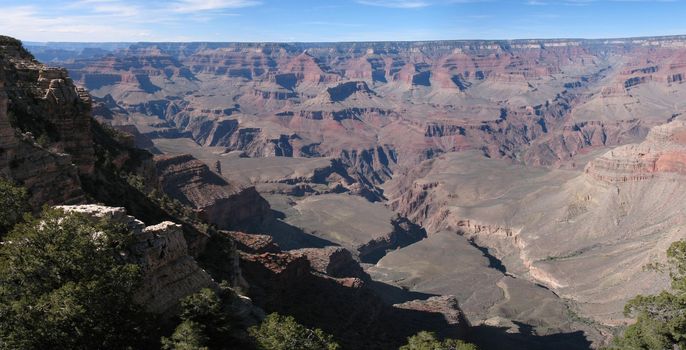 A panorama of the famous Grand Canyon, South Rim, on a beautiful sunny day in April.