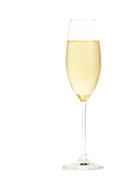 cold champagne in a champagne glass on white background