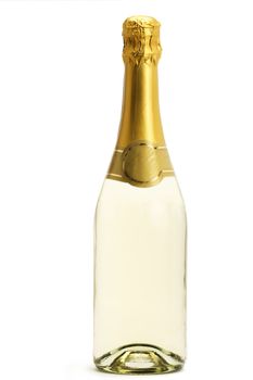 standing champagne bottle on white background