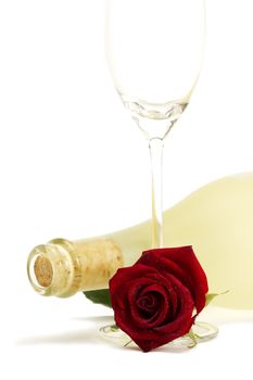 wet red rose with a dull prosecco bottle and a empty champagne glass on white background