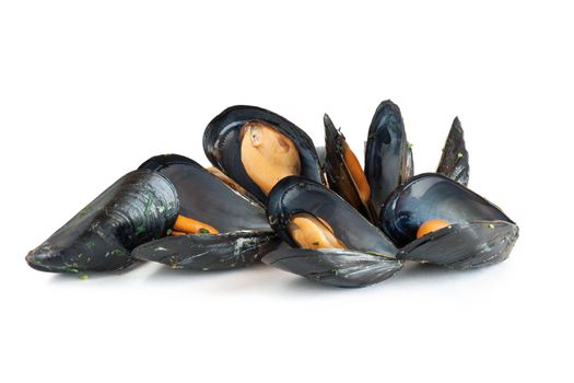 group of mussels boiled with garlic isolated on white background