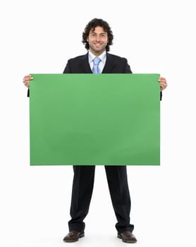 businessman holding blank sign isolated on white