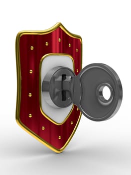 red shield with key. isolated 3D image