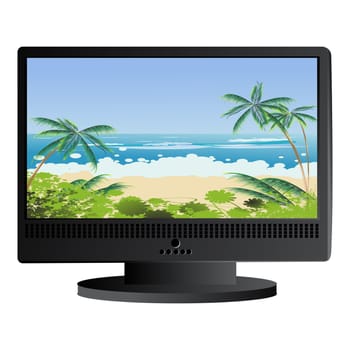 wide screen monitor with tropical beach panorama as background