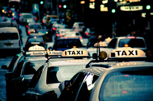 A row of taxis in the rain.