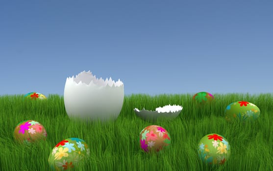 Painted easter eggs on grass lawn and blue sky