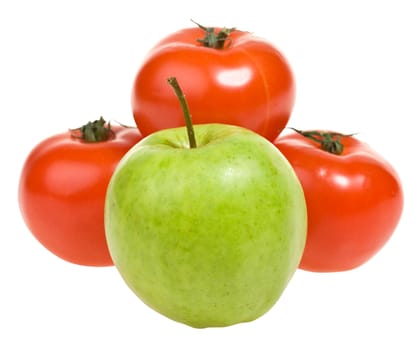 Green apple and red tomato isolated. Clipping path