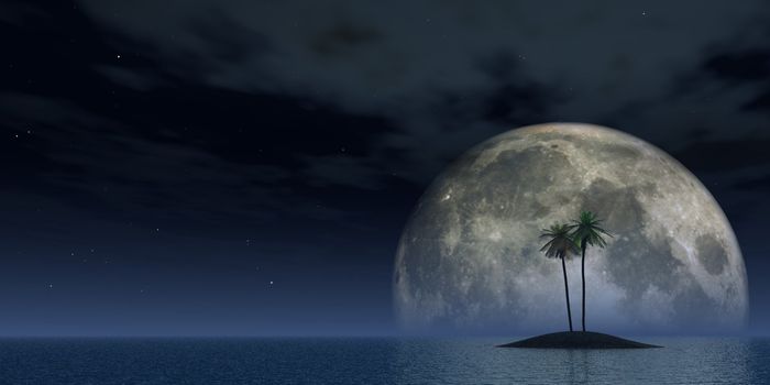 island with palms and full moon - 3d illustration