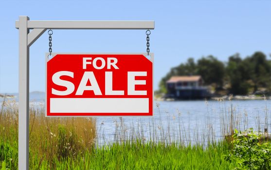 Real estate sign in front of idyllic countryside private island