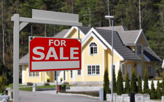 Real estate sign in front of luxurious home