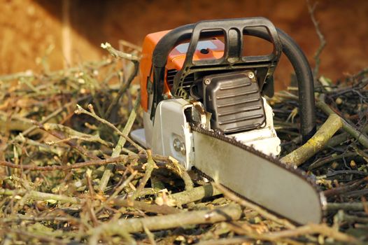 close-up of a chainsaw on wood cuttings