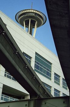 The Seattle Space Needle viewed from below the city's monorail system