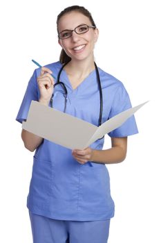 Smiling nurse holding patient file