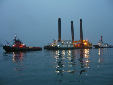 Landscapes of Sakhalin, the ship in the sea