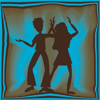 retro couple dancing in blue light with brown background
