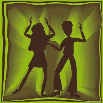 retro couple dancing in green light with brown background
