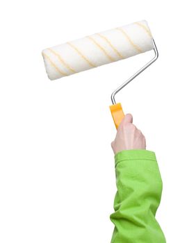 Woman holding clean paint roller in one hand