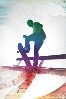 Grungy textured skateboarder silhouette with rainbow colored accents.
