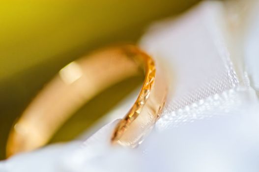 Classic gold wedding ring on white satiny fabric