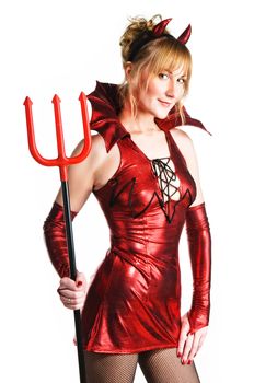 Red devil woman with trident on white background