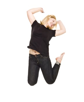 Jumping woman isolated on white background