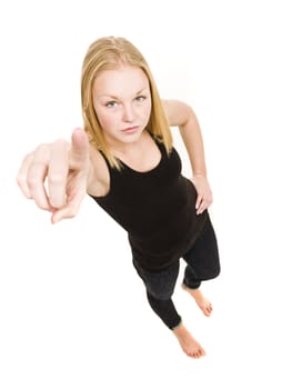 Young woman pointing isolated on white background