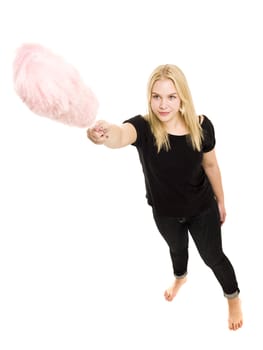 Woman with a duster isolated on white background
