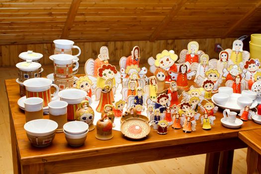 Hand-made ceramic Christmas decorations, angels and other figures