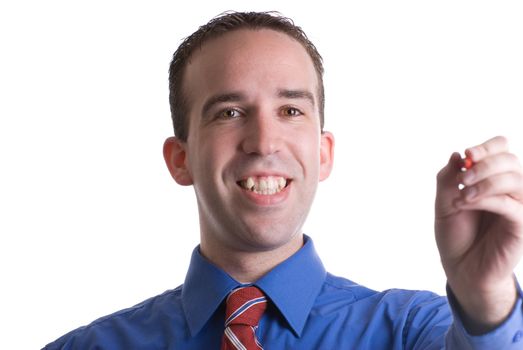 A man wearing a blue shirt and tie is using a marker, isolated against a white background