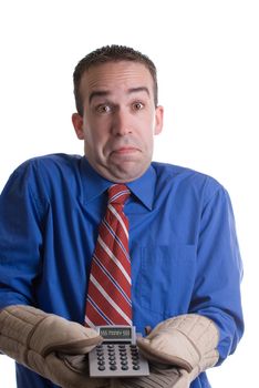 A young banker is holding a calculator showing money owed for taxes, isolated against a white background