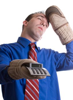 A young banker is fainting at the calculations he did on his calculator