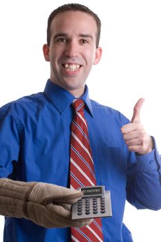 A young banker giving a thumbs up and holding a calculator with an oven mitt to signify a hot investment, isolated against a white background