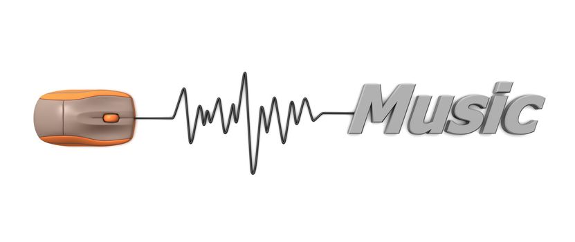 orange computer mouse connected to the word music via sine waveform cable � grey