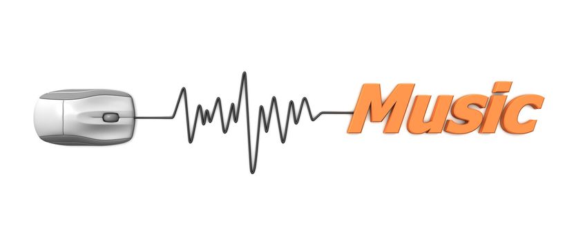 grey computer mouse connected to the orange word music via sine waveform cable