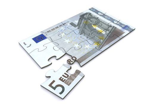 5 Euro note as a puzzle - one piece seperately