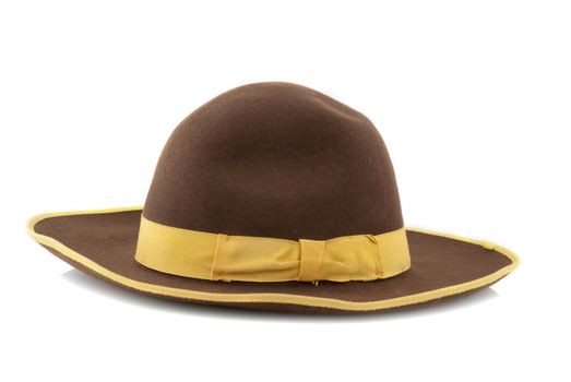 Scarecrow brown felt hat with with yellow loop isolated on white background.